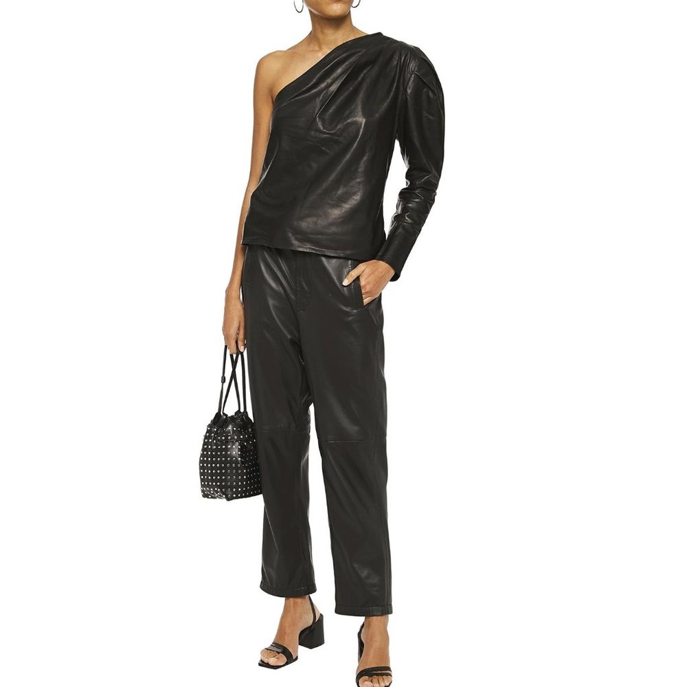 IRO Molia Black Leather One Sheeve Top sz 36 4